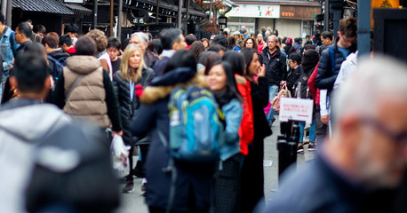 many tourist in Sanmachi Suji old town Takayama Japan at November 13, 2019