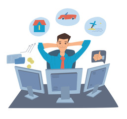 Young man working on the computers at his office desk and dreams of material wealth and recognition. Workplace, businessman. Flat design svector illustration.