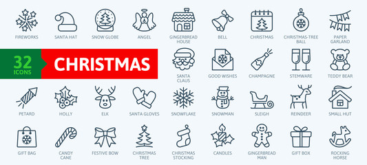 Christmas elements - minimal thin line web icon set. Outline icons collection. Simple vector illustration. - 309877530