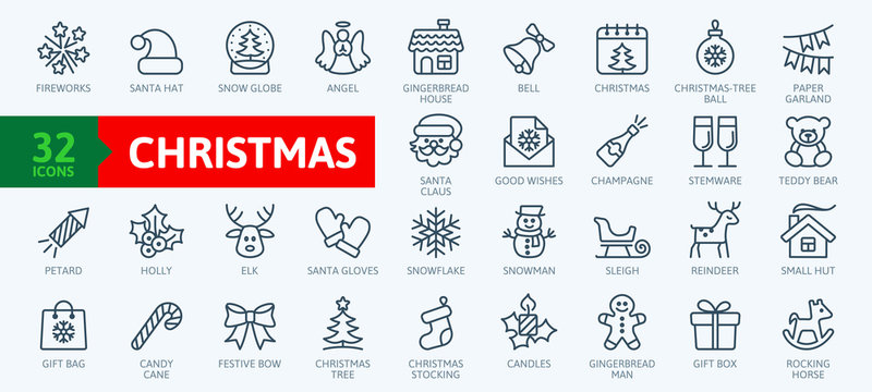 Christmas elements - minimal thin line web icon set. Outline icons collection. Simple vector illustration.