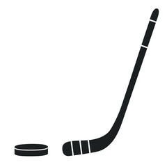 Hockey stick and puck.  Vector isolated flat monochrome image on white background. Black stick and puck icon. Winter sport.  Ice hockey equipment
