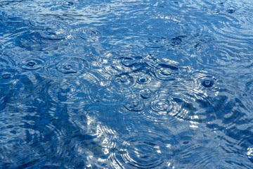 Blue water surface texture during rain. Monochrome classic blue background with place for text. Horizontal, soft focus