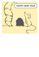 猫に狙われているネズミ年賀状2020