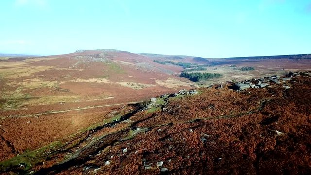 Aerial shot over Yorkshire moorland.