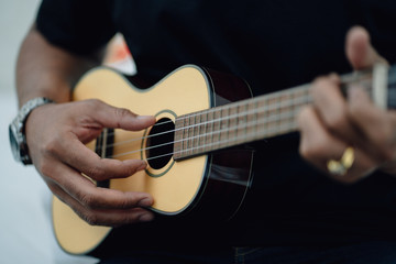 Fototapeta na wymiar Close up man's hands playing the ukulele, concept ralax or artist.