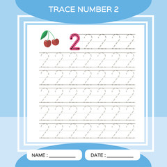 Trace number 2. Two. Children educational game. Kids learning material. Activity For Early Years. Preschool worksheet for practicing fine motor skills. Blue. Cherry.