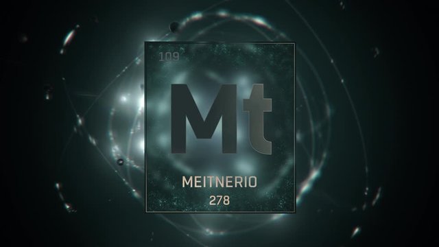 Meitnerium as Element 109 of the Periodic Table. Seamlessly looping 3D animation on green illuminated atom design background with orbiting electrons. Name, atomic weight, element number in Spanish lan