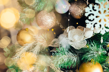 Fototapeta na wymiar 2020 Merry Christmas and New Year holidays background. Blurred bokeh background Christmas tree