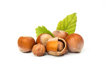 Hazelnut nut many leaves isolated on a white background as a packaging design element
