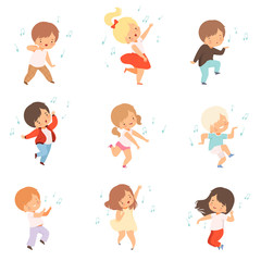 Cute Boys and Girls Singing and Dancing Set, Lovely Kids Enjoying Listening to Music Cartoon Vector Illustration