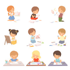 Cute Children Sitting on the Floor and Drawing Pictures with Colorful Pencils Set, Adorable Young Artists Cartoon Characters, Kids Creative Hobbies Vector Illustration