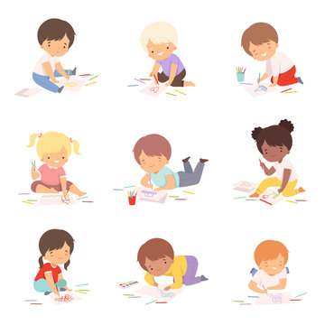 Cute Children Drawing Pictures with Colorful Pencils Set, Adorable Young Artists Cartoon Characters, Kids Creative Hobbies Vector Illustration