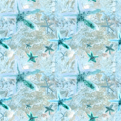 Marine theme. Seamless texture pattern of starfish and sea water, waves,pebbles,foam.Suitable for home and hotel  decoration, tile,wallpaper, background,fabric.Blue,white,emerald, umber pastel colors
