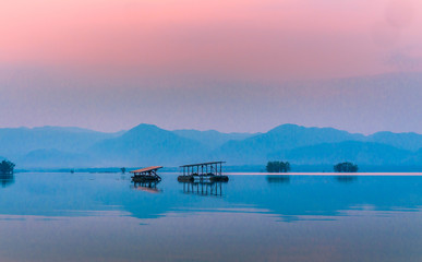 Sky and water Colorful Blue and purple from the sky reflecting the water surface landscape.