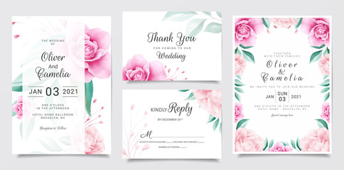 Fototapeta na wymiar Wedding invitation card template set with watercolor flowers decoration. Botanic and leaves illustration for background, save the date, invitation, greeting card, etc