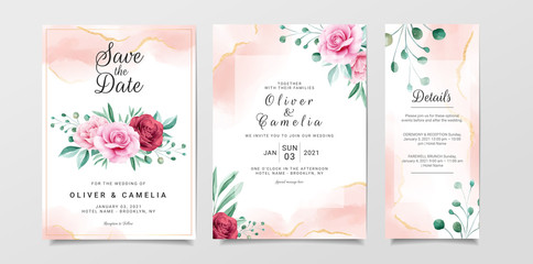 Elegant wedding invitation card template set with flowers bouquet and gold peach watercolor background. Botanic illustration for background, save the date, invitation, greeting card, etc