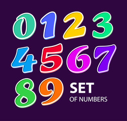 Colored cartoon numbers. Vector set of 1, 2, 3 4 5 6 7 8 9 0 digit Vector illustration on dark background