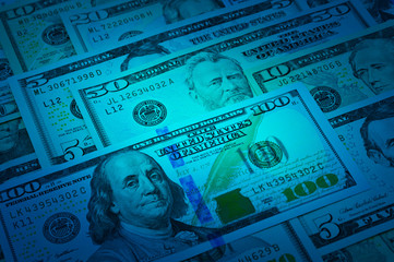 Fototapeta premium Dollar bank note money for background, blue tone