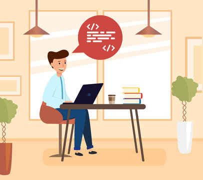 Programmer sitting in cafe or office with laptop and working. Writes code on programming language. Illustration of the programmer s work concept.
