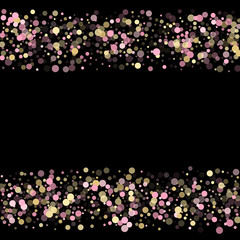 Gold, pink and rose color round confetti dots, circles scatter on black.