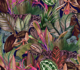 Tropisch patroon met nevelpanter en tropische bloemen. Naadloos patroon met orchideeën en wilde kat.