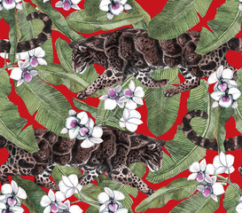 Tropical pattern with clouded leopard and tropical flowers. Seamless pattern with orchids and wild cat.