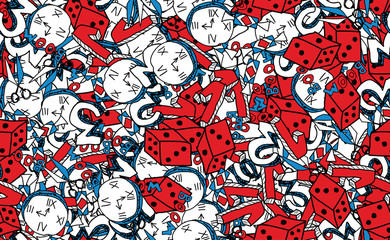 Fototapeta premium Abstract seamless background. Grunge texture of chaotic elements of red, blue and white. Pattern of randomly arranged objects for printing on fabric, wrapping paper