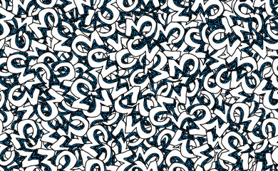 Abstract seamless background. Grunge texture of chaotic elements of blue and white. Pattern of randomly arranged objects for printing on fabric, wrapping paper