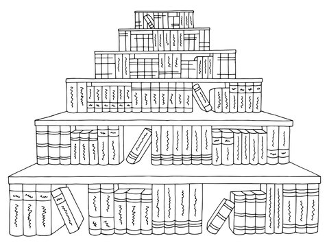 Book shelf stairs graphic black white isolated sketch illustration vector