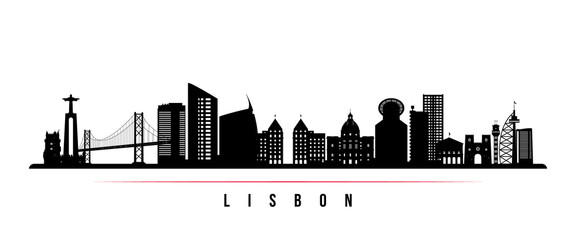 Lisbon skyline horizontal banner. Black and white silhouette of Lisbon, Portugal. Vector template for your design. © greens87