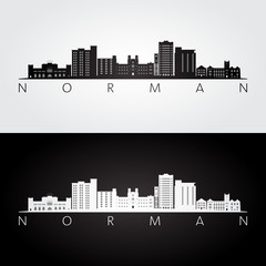 Norman, Oklahoma USA skyline and landmarks silhouette, black and white design, vector illustration.