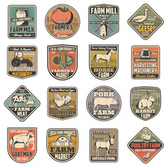 Cattle and poultry farming, food and meat production farm icons. Vector cow dairy production, wheat mill and barn, farmer vegetables harvest tractor, rabbit and chicken, donkey and horse on field © Vector Tradition