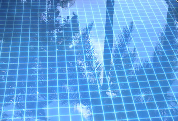 Fototapeta na wymiar Reflection of palm trees in classic blue swimming pool
