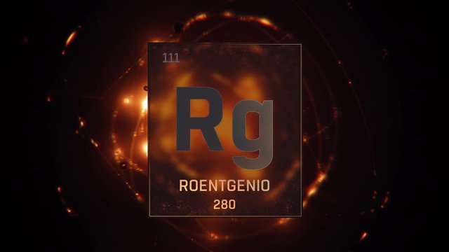 Roentgenium as Element 111 of the Periodic Table. Seamlessly looping 3D animation on orange illuminated atom design background with orbiting electrons. Name, atomic weight, element number in Spanish l