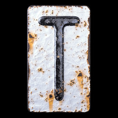 3D render capital letter T made of forged metal on the background fragment of a metal surface with cracked rust.