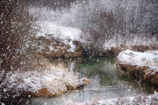 Winter natural landscape - a river during a snowfallv