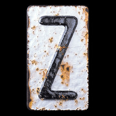 3D render capital letter Z made of forged metal on the background fragment of a metal surface with cracked rust.