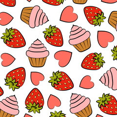  Cupcakes, hearts and strawberries. Texture for Valentine's Day. On a white background color images of strawberries, hearts and cupcakes. Design element. Vector illustration.