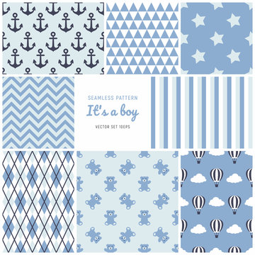 Baby boy patterns. Kids ornaments vector set. Blue backgrounds for baby shower.