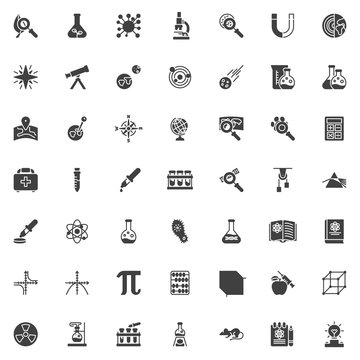 Science study vector icons set, modern solid symbol collection, filled style pictogram pack. Signs, logo illustration. Set includes icons as Chemical research, Geometric cube, genetic engineering