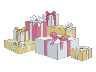Bunch of present box gifts with bows graphic color isolated sketch illustration vector