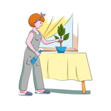  House cleaning. Women hostess takes care of houseplants. Color image. Design element. Vector illustration.