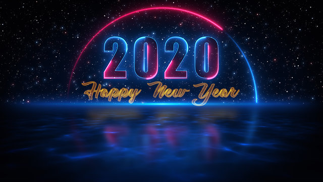 Blue Red Happy New Year 2020 Greeting Neon Light With Shadow Reflection On Blue Light Water Surface Against Dark Starry Sky