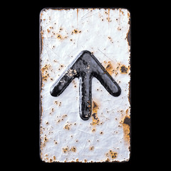Symbol up arrow made of forged metal on the background fragment of a metal surface with cracked rust.