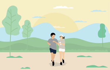 Fototapeta na wymiar Young man and young woman running in the park.