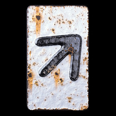 Symbol up arrow made of forged metal on the background fragment of a metal surface with cracked rust.