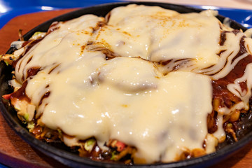 Cheese okonomiyaki (Japanese traditional pizza)