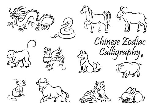 Zodiac animal vector icons of Chinese horoscope New Year symbols. Rat, dragon and dog, pig, tiger and rooster, horse, snake and monkey, ox, goat and rabbit signs, astrology and lunar calendar design