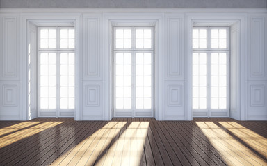 Clean bright room with windows. 3d rendering