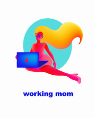 Vector illustration of abstract working mom with laptop